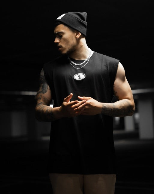 Black Rubber Logo Oversized Sleeveless T-Shirt