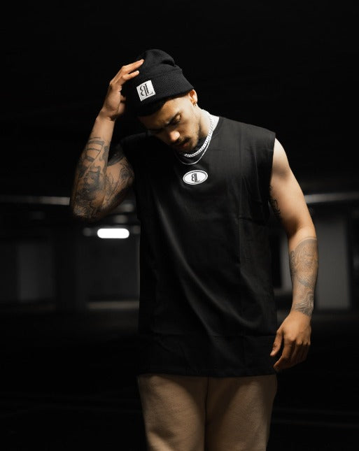 Black Rubber Logo Oversized Sleeveless T-Shirt